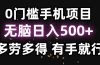 0门槛手机项目，无脑日入500+，多劳多得，有手就行
