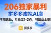 206独家暴利，拼多多虚拟AI店，不用选品，月稳定1-2W，可副业全职！