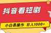 抖音看短剧，一部手机，零投入，小白轻松上手，简单易操作，一天1000+