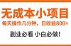 无成本小项目 每天操作几分钟，真实日收益800+ 副业必看 小白必做！